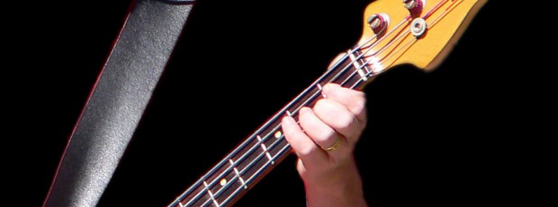 Bassist's left hand with ring