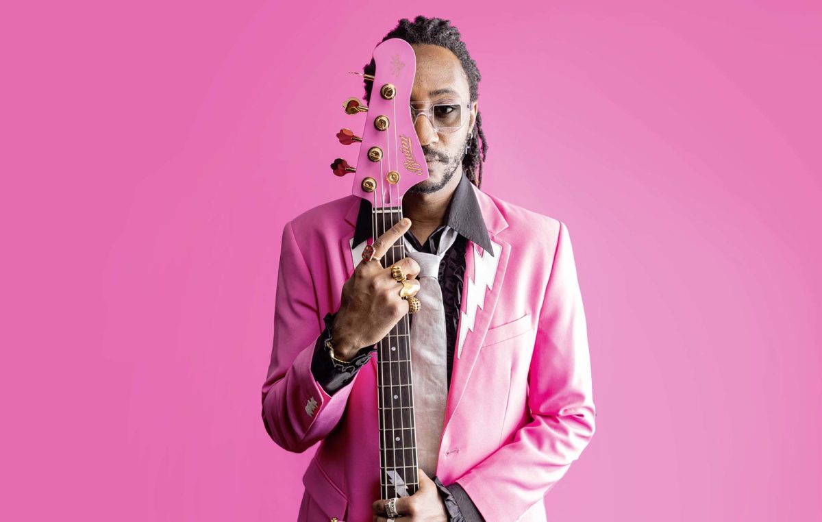 Seye Adelekan with Baum Guitars Signature Pink Thunder Bass